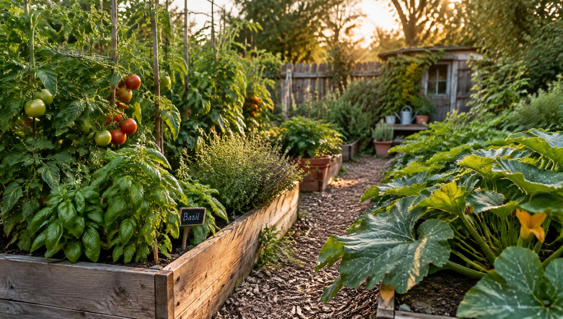 Raised garden beds full of tomatoes, basil and squash at golden hour